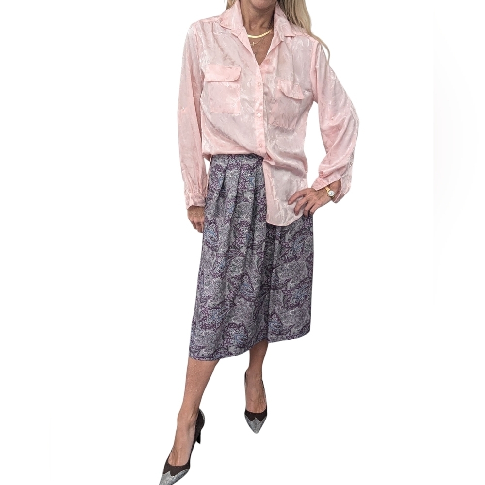 Vintage 80s Pink Satin Floral Blouse Sheer Jacquard Button Up Coquette Romance - Picture 9 of 13